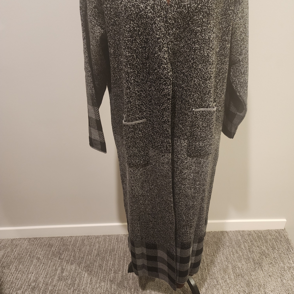 Gray Long Coat with Plaid Accents